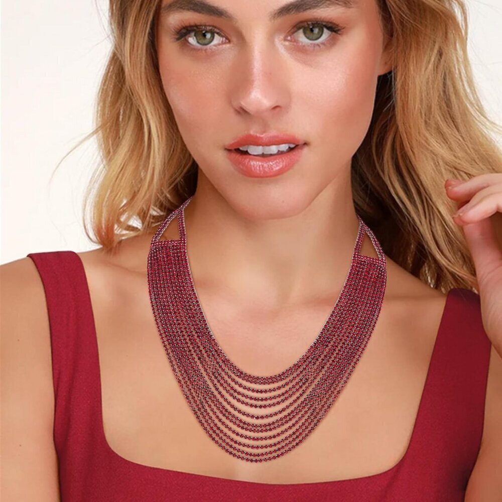 🆕 Women Red Multi Layered Chunky Collar Necklace Glitter Rhinestone Bib Jewelry - Picture 2 of 6
